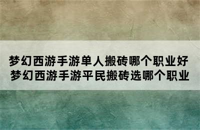 梦幻西游手游单人搬砖哪个职业好 梦幻西游手游平民搬砖选哪个职业